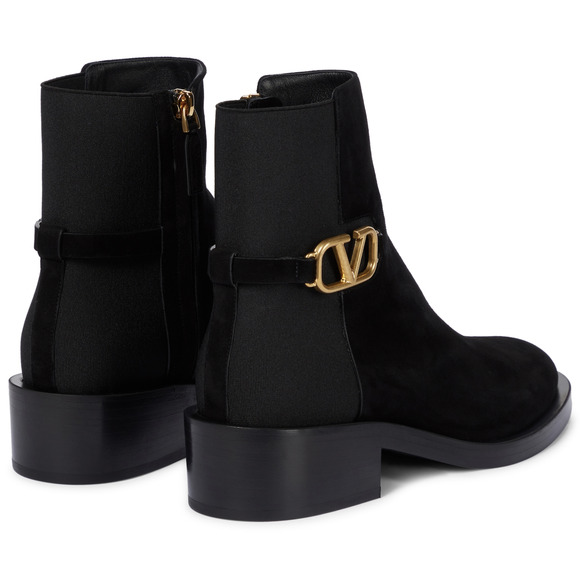 Valentino V Logo Gold Black Suede Block Heel Short Ankle Chelsea Zip Bootie 37.5 - Picture 7 of 10